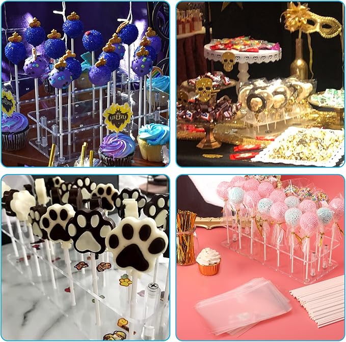 Goabroa Cake Pop Stand, 21 Holes Clear Acrylic Cake Pop Kit with 300 PCS Cake Pop Sticks and Wrappers, Cake Pop Maker for Weddings Birthday Parties Baby Shower Halloween