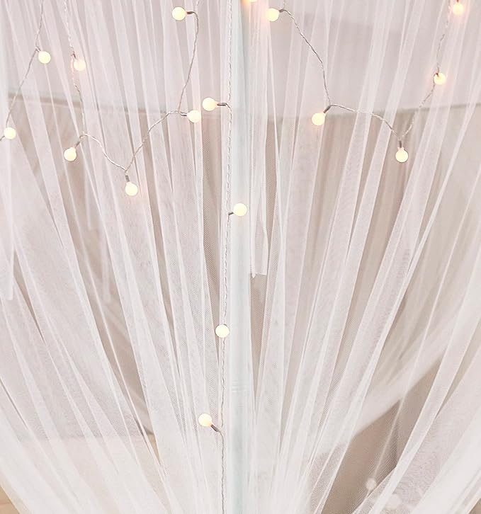 Mengersi Canopy Bed Curtains Bed Canopy with Lights for Girls, Bed Netting Unique Style 4 Door Mosquito Net for Adults Women Bedroom (White+Lights, Full/Queen)