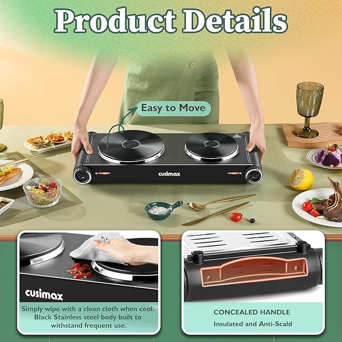 Cusimax Hot Plate,1800W Electric Stove Countertop Double Cast Iron Burner with Adjustable Temperature,7.4”+6.1” Portable Hot Plates for Cooking,Compatible for All Cookwares