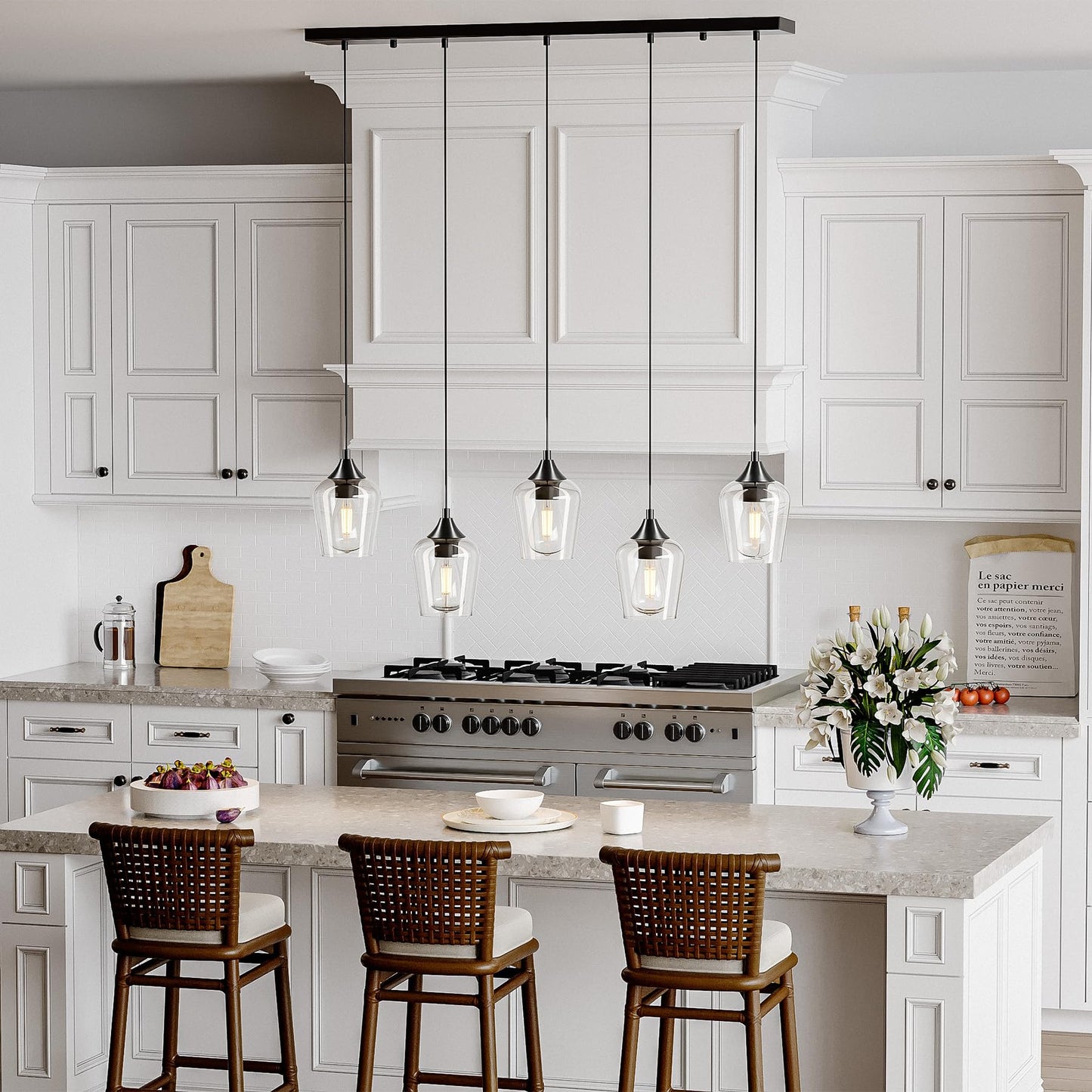 Vonluce 5-Light Pendant Light Kitchen Island  Pendant Light Fixture With 10-55 Height  Modern Pendant Lighting With Wine Glass Shades For Living Room Hallway  Matte Black  Etl Certificated