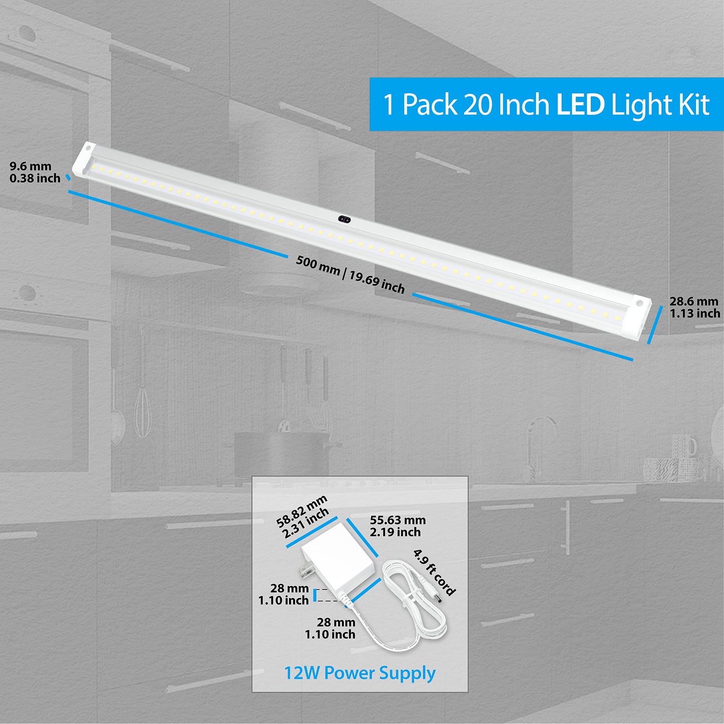 Eshine Under Cabinet Led Lighting Kit, 20 Dimmable, Warm White (3000K), Aluminum, Model Elw5001W - Touchless Wave Control