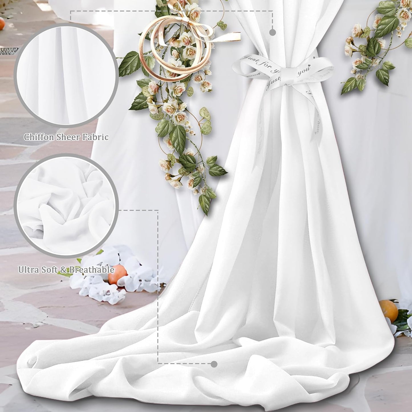 Horbaunal White Chiffon Fabric by The Yard, 5 Yard Continuous Sheer Fabric 59" Wide Soft Draping Fabric for Wedding Arch Draping Party Backdrop DIY Sewing