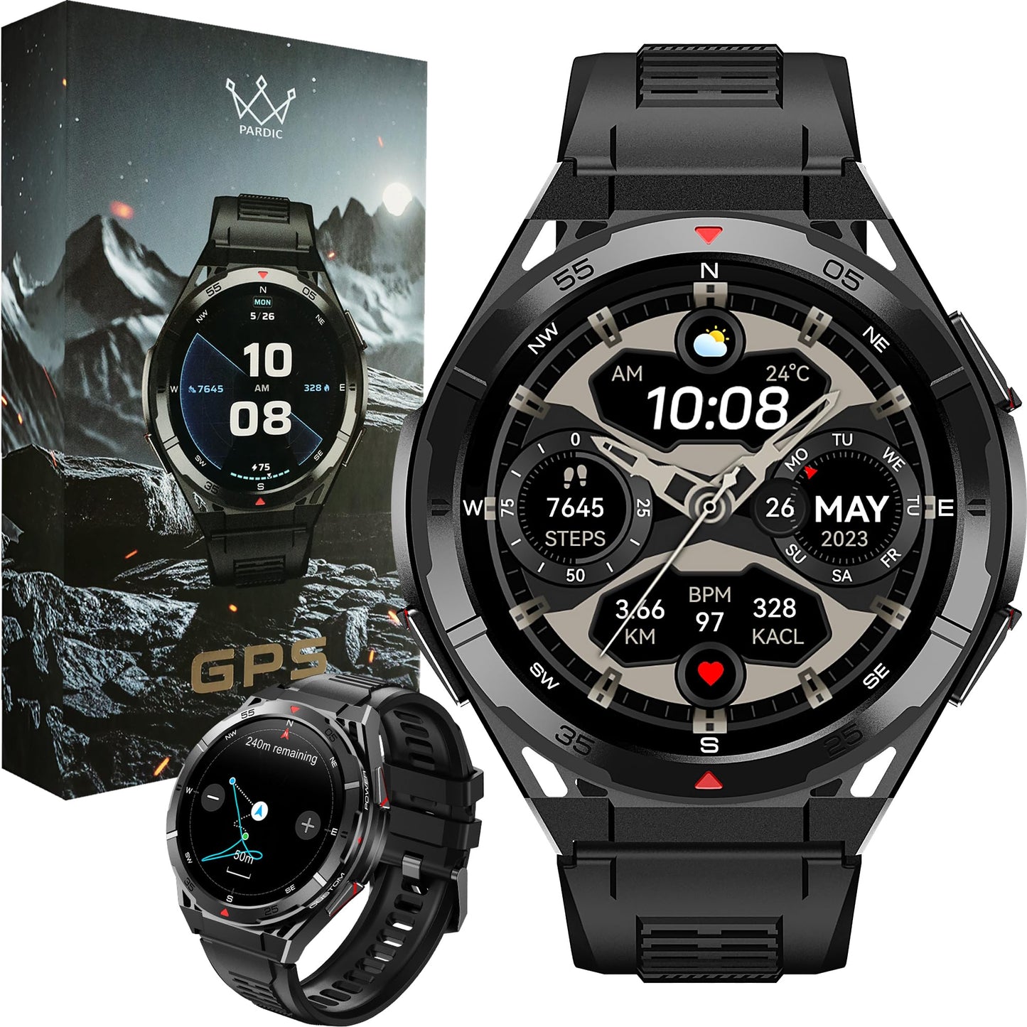 Military GPS Smart Watch: 1.43” AMOLED Always On Display, Built-In GPS, Compass, Altimeter, Barometer, Fitness/Path Tracker, BT Call, 150+ Sports, IP69K, Voice Assist, Long Battery Life, Android/iOS