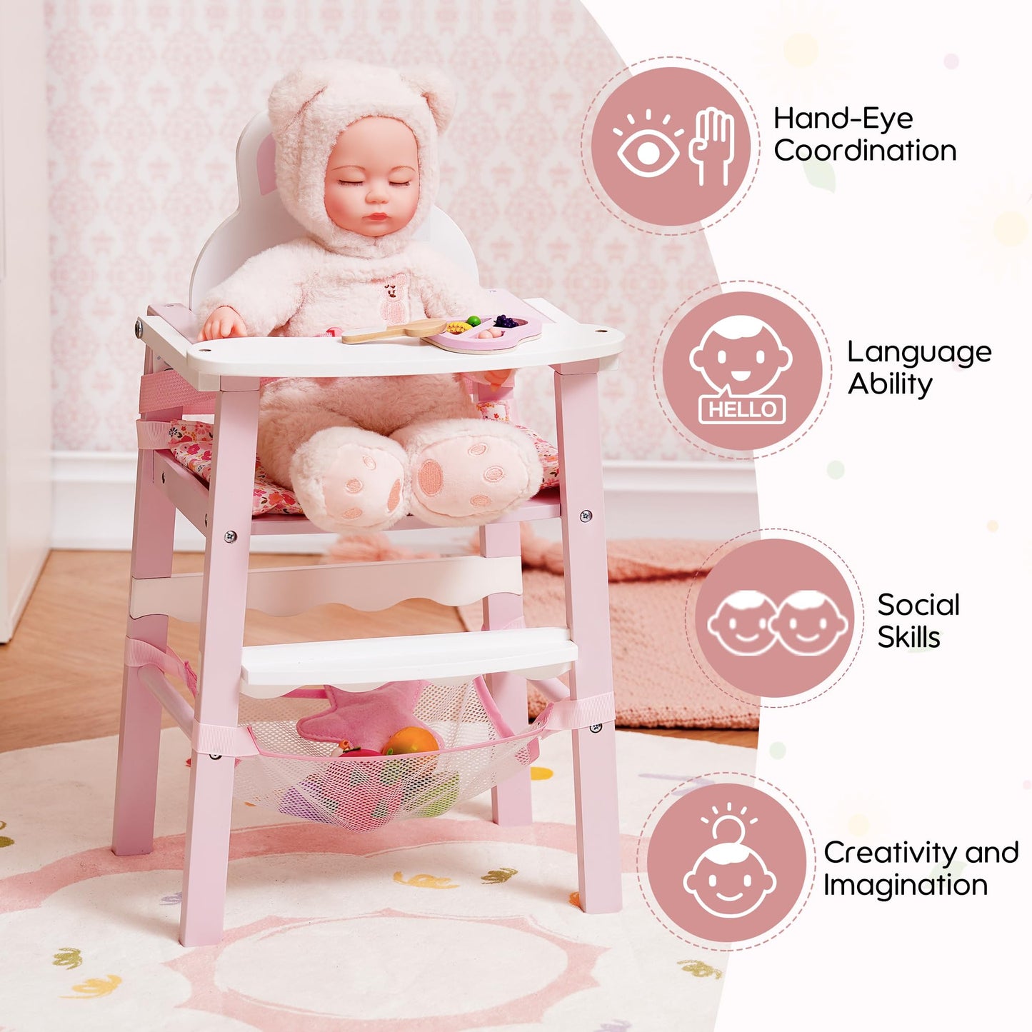 ROBOTIME Wooden Baby Doll High Chair – Pretend High Chair Toys for 18" Dolls – Doll Feeding Chair Toy with Tray – Baby Doll Furniture for Girls Ages 3+