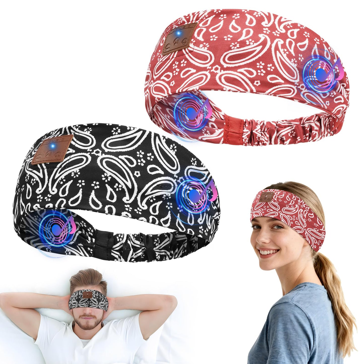 2-Pack Bluetooth Sleeping Headphones, Bluetooth Headband with Ultra-Thin HD Speakers, Headband Headphones for Yoga, Running, Workout, Travel, Sports, Unique Presents for Adult Teens - Black&Red