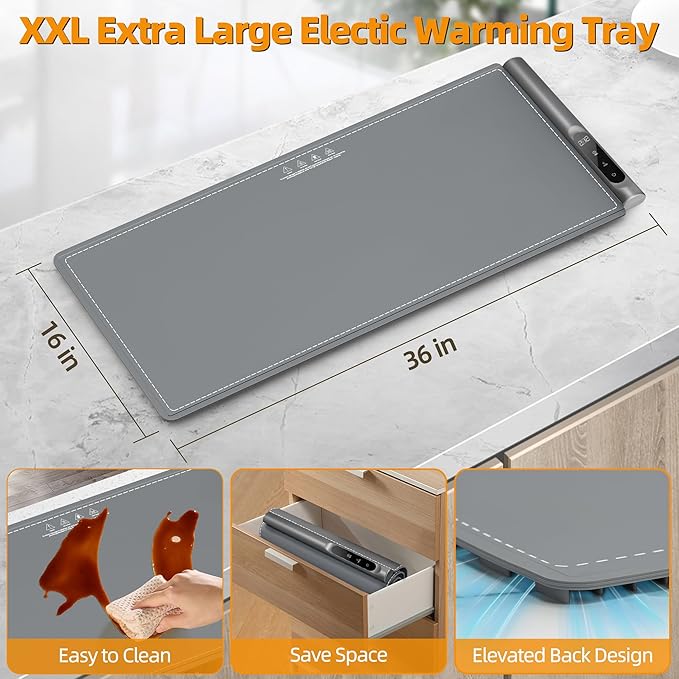 Graphene Food Warming Mat for Countertop - Fast Full Surface Heating, Extra Large (XXL 36”x 16") Electric Warming Trays for Buffets Party with 6 Temp & Timer Settings, Gifts for Mom Wife, Gray