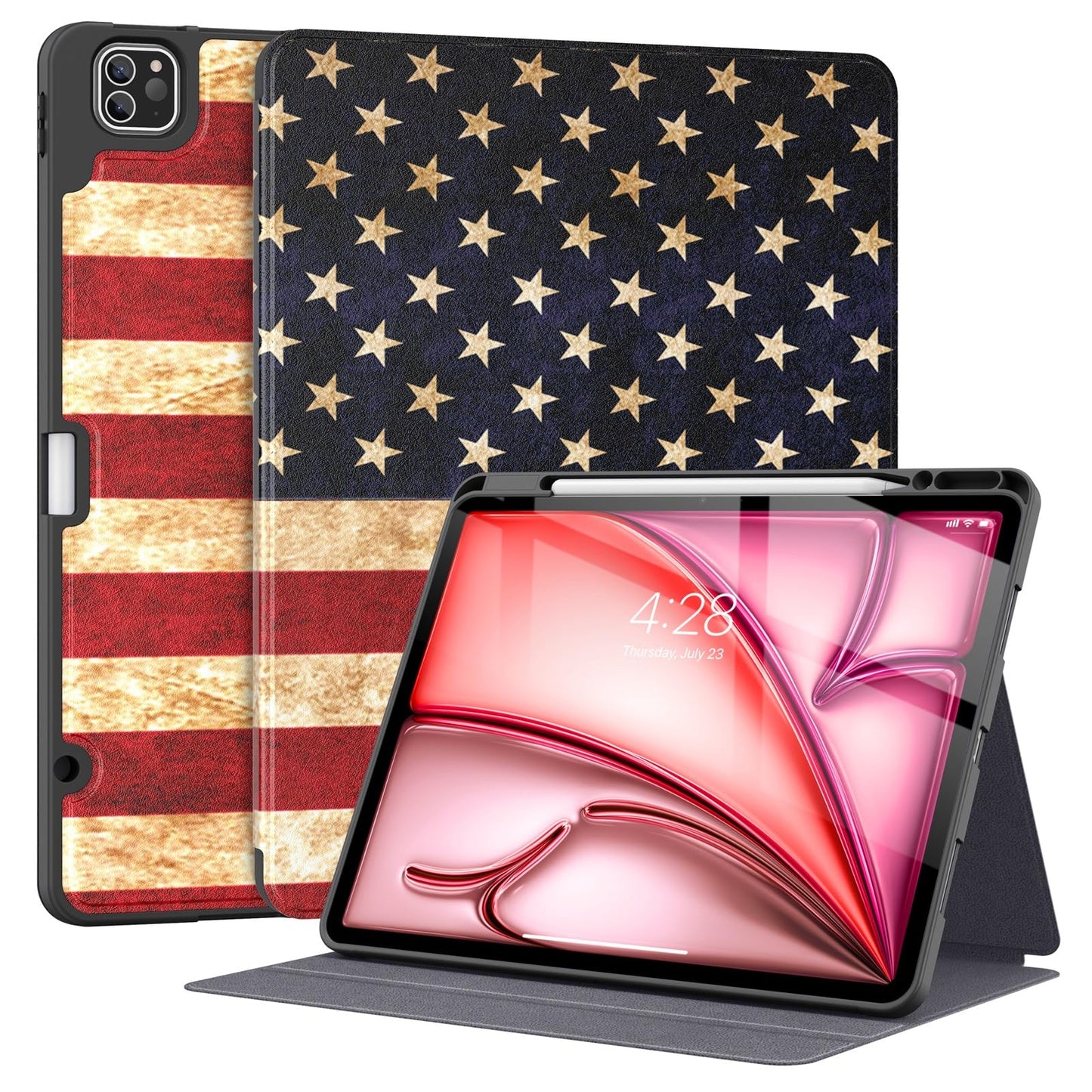 Supveco Case for iPad Air 13 Inch M3 2025,M2 2024 & iPad Pro 12.9 6th/5th Gen 2022/2021 with Pencil Holder-[Pencil Charging+Auto Wake/Sleep],Folio Stand Case with Soft TPU Back Cover-Flag -Like New