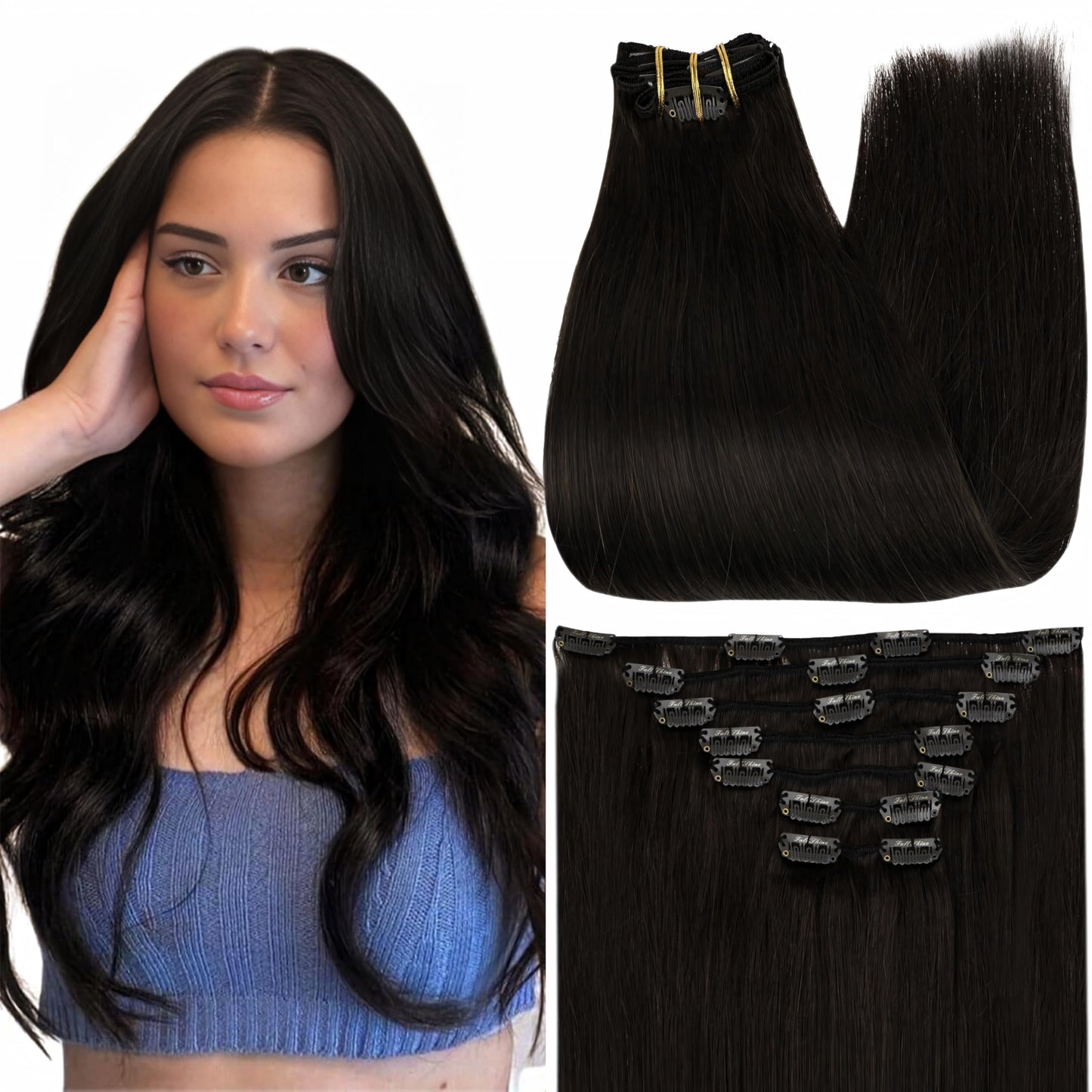 Full Shine 24 Inch Black Human Hair Clip in Extensions Brazilian Human Hair Extensions Clip ins Natural Black Silky Straight Rem