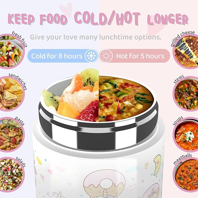 12oz Insulated Food Jar for Kids, Easy Carry, Wide Mouth, Thermos for Hot Food, Soup, Salad, Sandwich, School Lunches (Pink-Unicorn)
