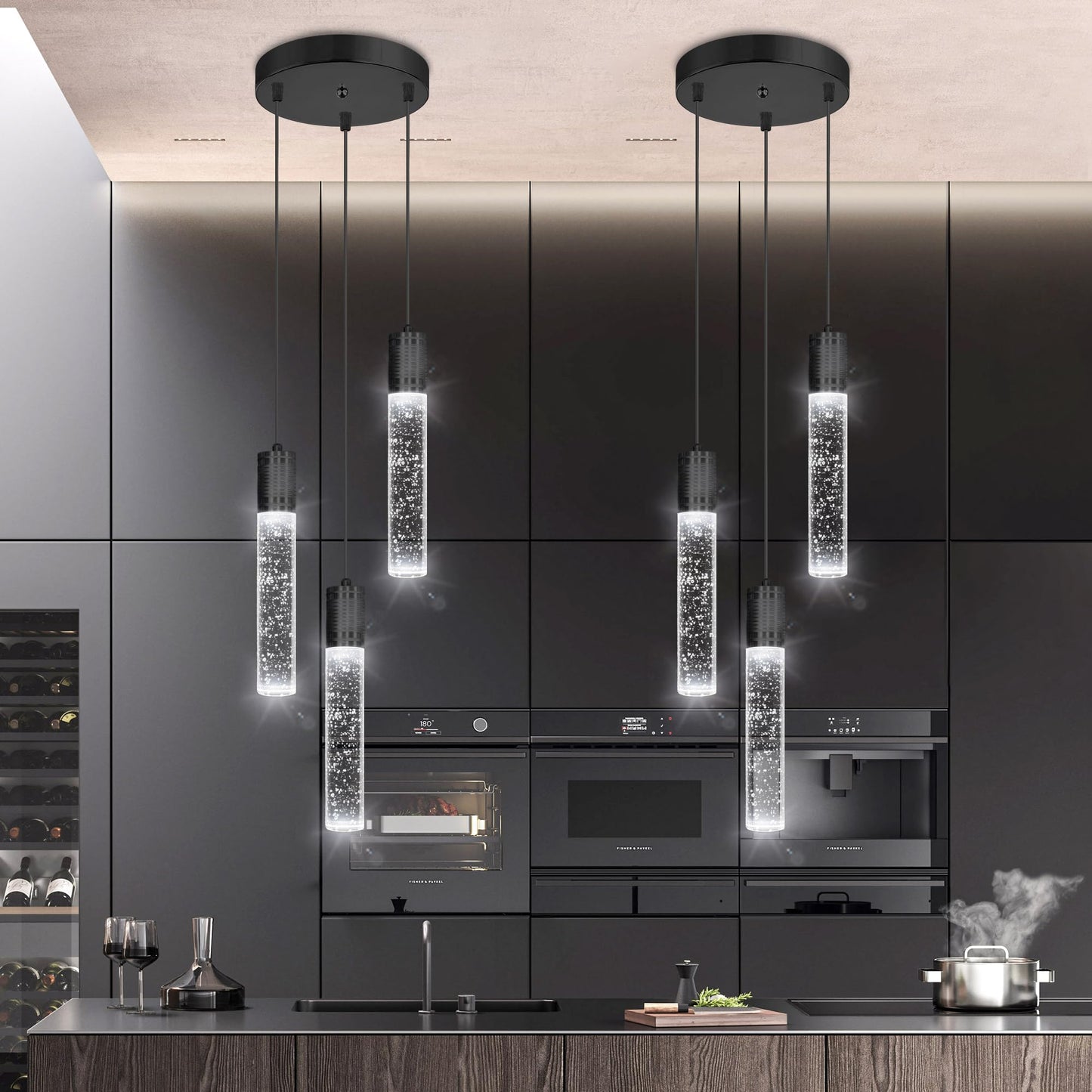 Dolria 3-Lights Pendants Light For Kitchen Island Chandeliers Dining Room Pendant Lighting Fixture Bubble Crystal Ceiling Hanging Lights Bedroom Island Kitchen 6000K White Light Fixtures Black
