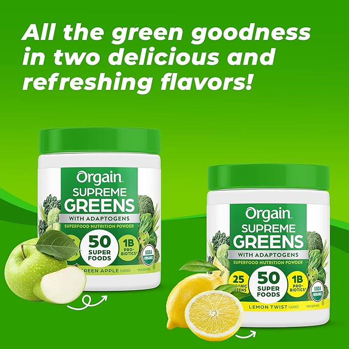 Orgain Supreme Greens Powder, 50 Superfoods, 1 Billion Probiotics, and Adaptogens, for Gut Health and Immune Support, 1.5 Servings of Fruit and Veggies, Lemon Twist