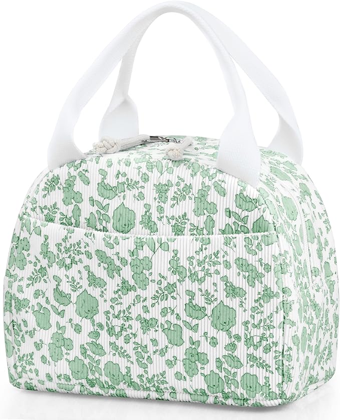 Lunch Bag - Insulated Lunch Box for Women, Reusable Large Capacity Cooler Bag for Adult, Small Leakproof Cute Corduroy Lunch Tote for Work Office Travel Picnic (Corduroy Green-Flower)