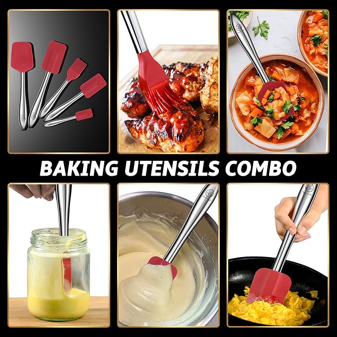 5pcs Silicone Spatula Cooking Utensils Set with Stainless Steel Handles, Premium Heat-Resistant Kitchen Utensils for Baking, Spoonula & Silicone Brush Included, Safe for Nonstick Cookware (Red)