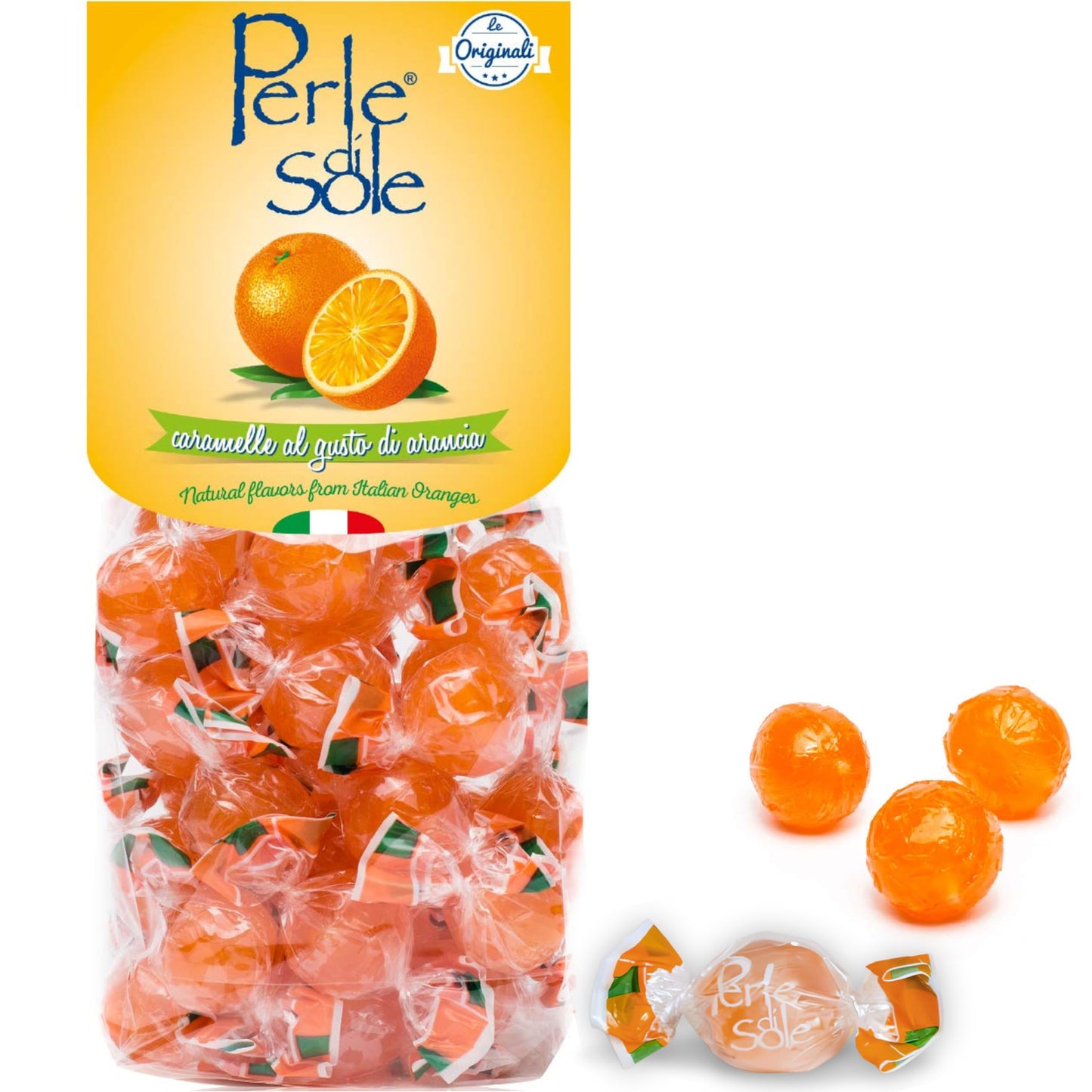 Perle di Sole Italian Orange Hard Candy Made in Italy - Italian Hard Candy Individually Wrapped - Orange Candies - Orange Drops