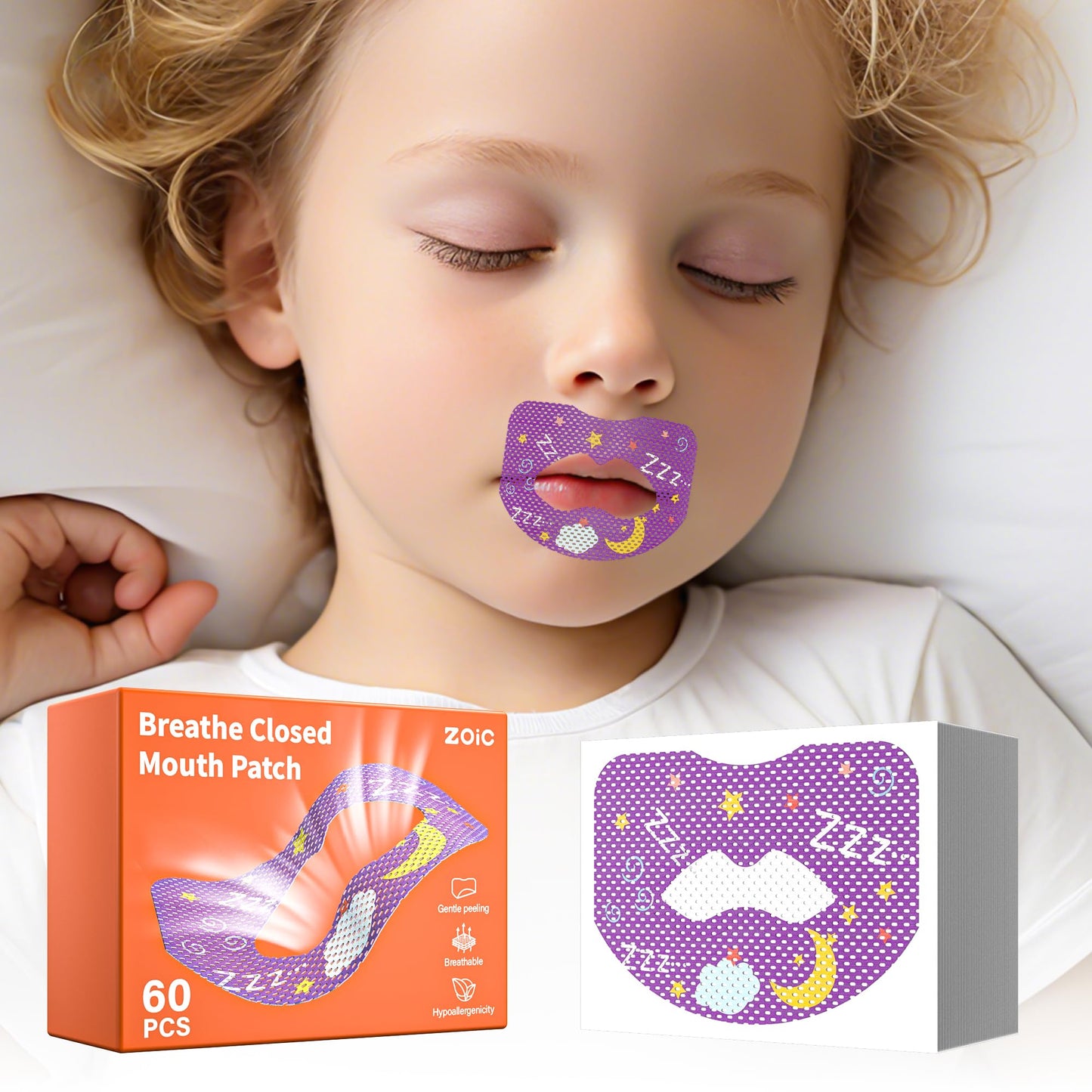 60pcs Mouth Breathing Correction Patch, Children's Closed Mouth Patch, Adult Anti-snoring, Closed Mouth Patch, Improve Mouth Breathing Facial Problems (Purple, 60pcs-Ages 8-15)