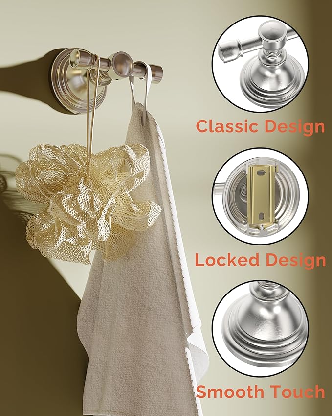 Towel Hook for Bathrooms, Stainless Steel Robe Coat Hook Wall Mount, Heavy Duty Towel Hanger for Kitchen, Bedroom or RV(Brushed Nickel)