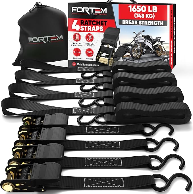 FORTEM Ratchet Straps, Tie Down Strap Set 1650lb Break Strength, 4 Pack 15ft x 1in, 4 Soft Loops, Moving Straps Tie Downs,...