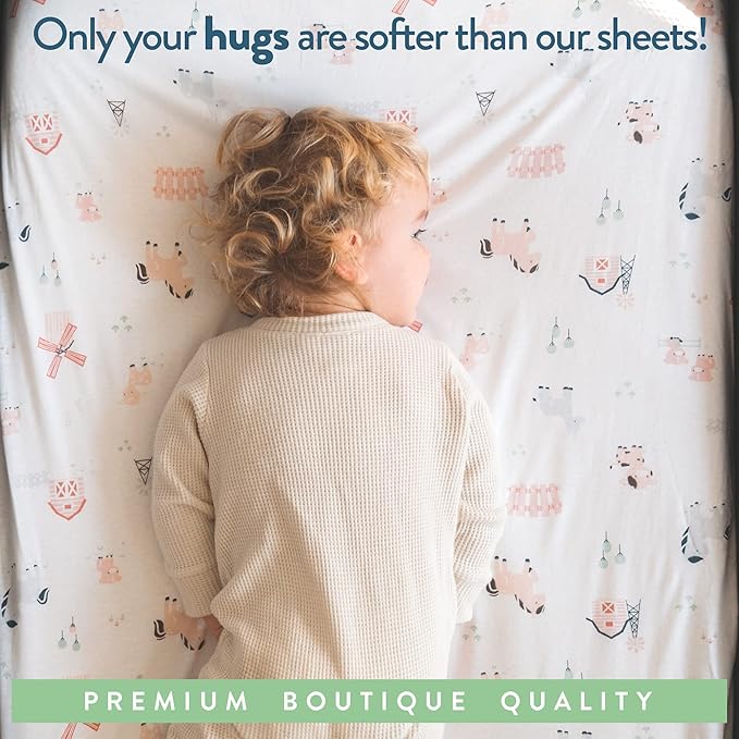 Bassinet Fitted Sheets Compatible with SNOO Happiest Baby Oval Bassinet – Snuggly Soft 100% Jersey Cotton – Farm Animals – 2 Pack