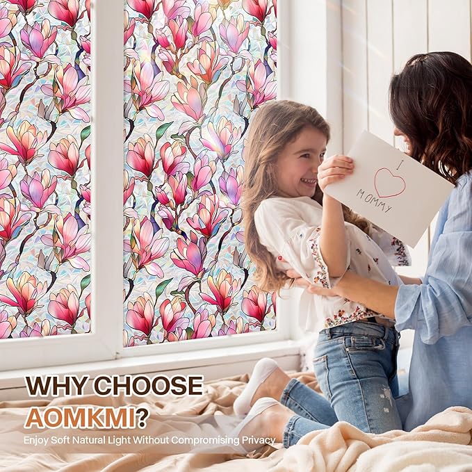 Stained Glass Window Film UV Resistant Window Privacy Film Pink Floral Privacy Rainbow Decals Living Room Bedroom Sun Blocking Decor Removable Static Cling Stickers 17 x 78.74 Inch