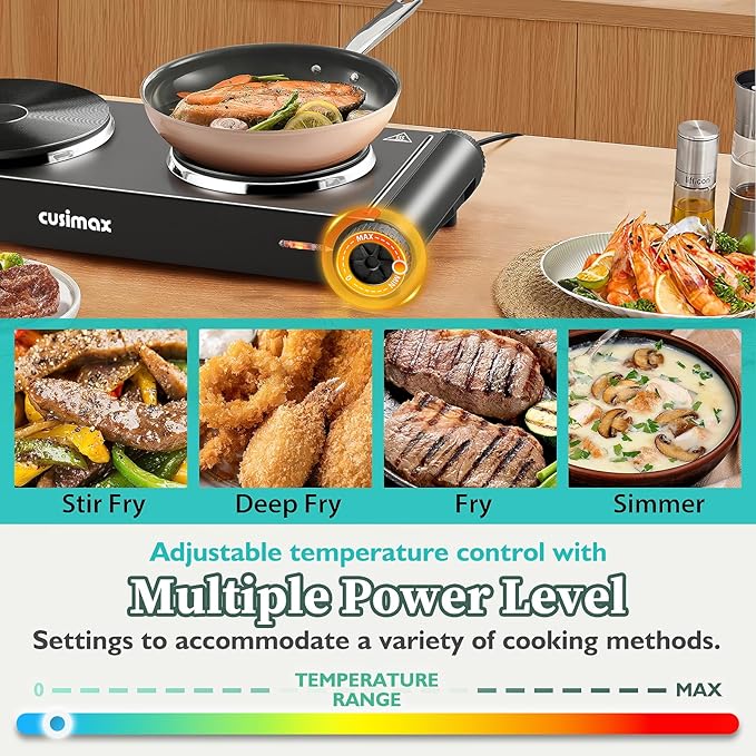 Cusimax Hot Plate,1800W Electric Stove Countertop Double Cast Iron Burner with Adjustable Temperature,7.4”+6.1” Portable Hot Plates for Cooking,Compatible for All Cookwares