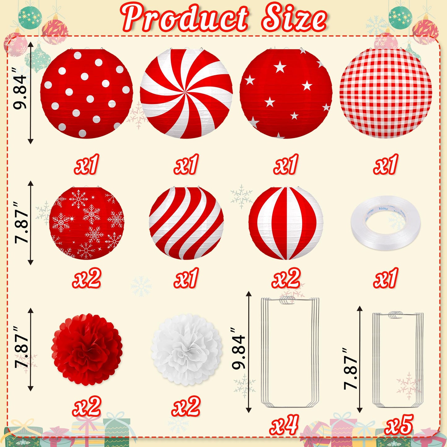Renbuzhu 13Pcs Christmas Decorations Ornaments Set - 9 Red White Hanging Paper Lanterns  4 Pom Poms For Indoor  Home  Xmas Party  Porch Decor