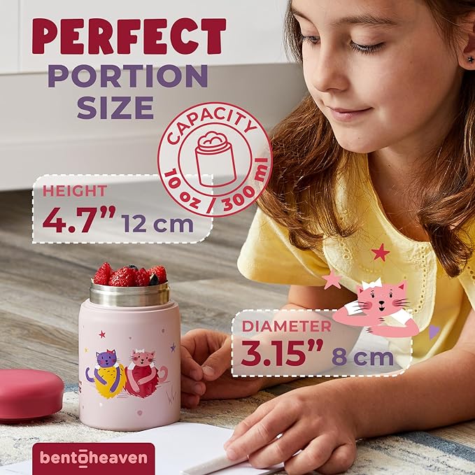 Bentoheaven Kids Food Jar (10oz) - Vacuum Insulated Food Container - Premium Double Wall Stainless Steel - Easy to Open - Keeps Soup & Food Hot/Cold - Lunch Box Thermos for Hot Food Kids (Rose Pink)