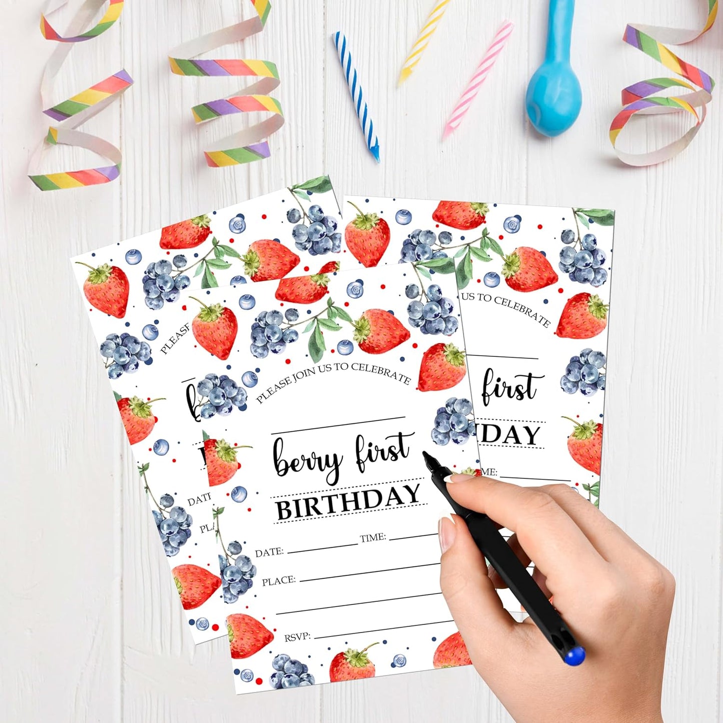 Berry First Birthday Invitations, 20 Invitation Cards with Envelopes, Strawberry Blueberry Invites for Party Decorations Favor Supplies - A05