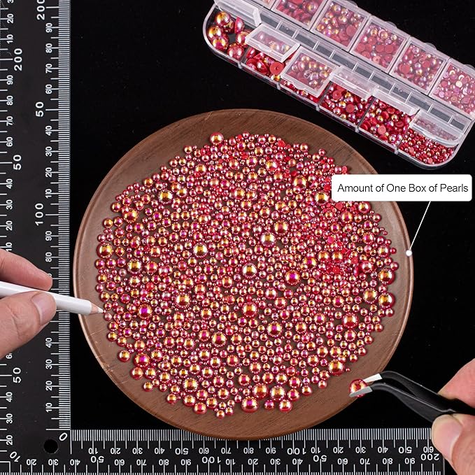 4000PCS Flatback Rhinestones and Half Round Pearls Kit #4, Multi Size Glass Clear & AB Crystals, Plastic Flat Back Red AB Dome Bead with Pickup Pencil and Tweezer for Nail Art