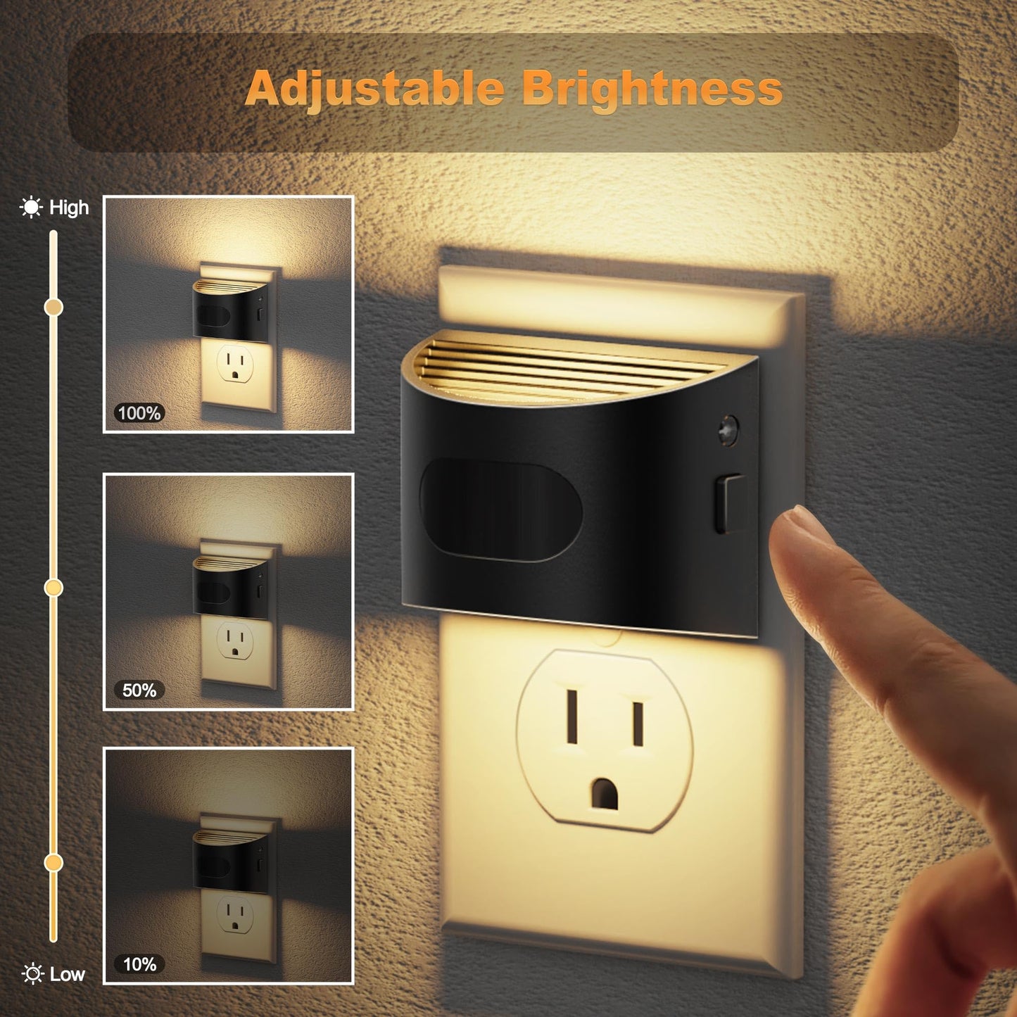 JandCase Motion Sensor Night Light, Dusk to Dawn, 30/60/100lm, Warm White, 2 Pack, Black-Arc, Model C-GY17702US-2