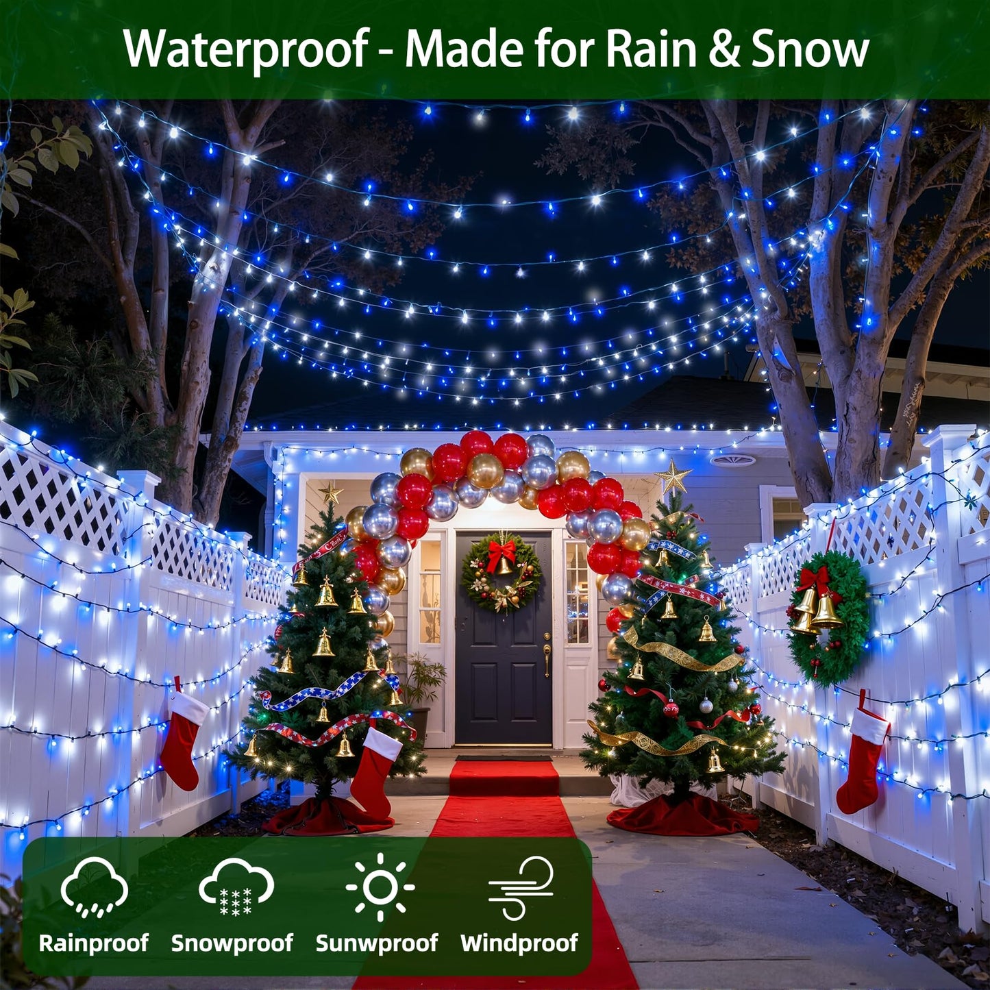 300Led Christmas Lights Outdoor Indoor Use  12 Lighting Modes 75Ft Christmas Tree Lights With Timer  Dimmable Blue Cool White Led Stringlights Waterproof For Yard Wedding Party Holiday Blue&Coolwhite