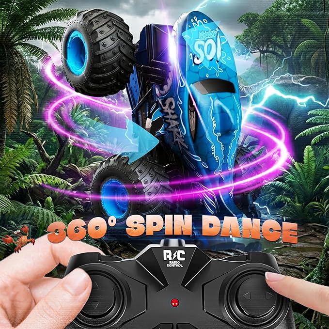 BEZGAR Monster Truck Toys - Remote Control Monster Truck with Light & Music, Dinosaur Toys for Kids, 1:20 Scale RC Truck with 360° Spins and Drifting, Remote Control Car for Boys (Blue)