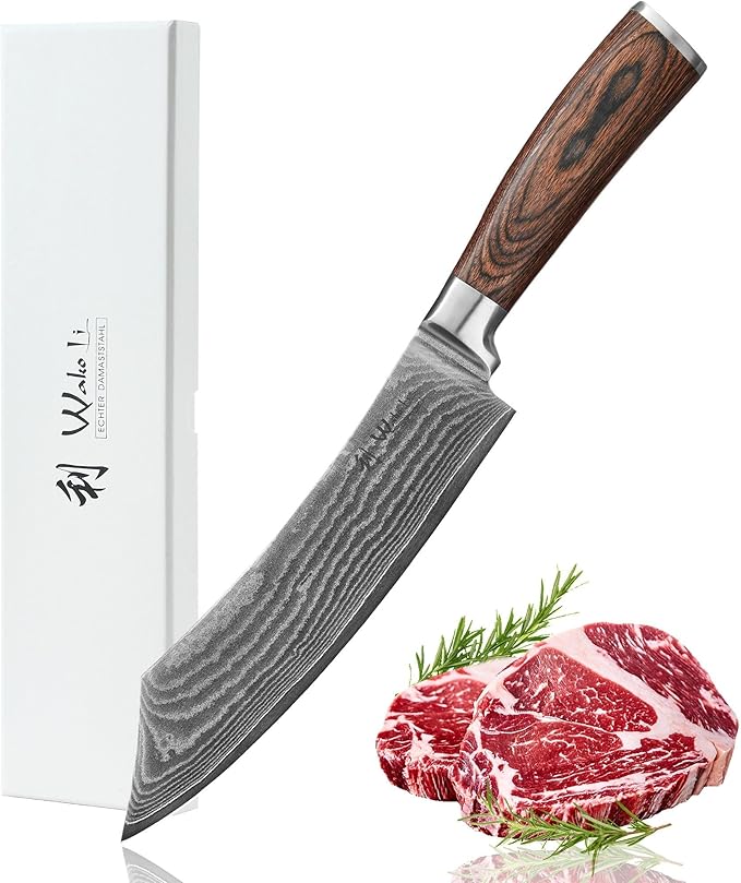 Wakoli EDIB Damascus Grill & Butcher Knife – 7.9-Inch Blade for Meat and BBQ | Japanese Style Professional Chef Knife Made from 67-Layer Damascus Steel with VG10 Core | Ergonomic Pakkawood Handle