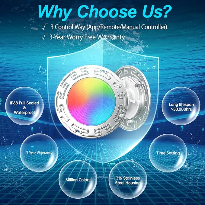 60FT 6Inch Pool/Spa Lights for Inground Pool, 20W LED Inground Pool Light with APP, Remote and Controller Control, Color Changing Underwater Swimming Pool Lights for Wet Niche