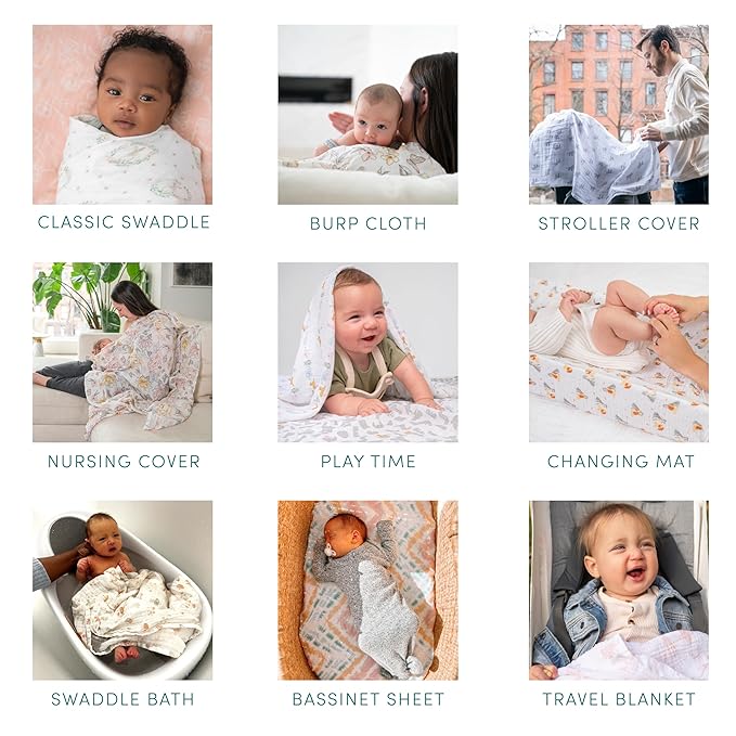 aden + anais Essentials Baby Muslin Swaddle Blankets, Newborn Receiving Blanket for Swaddling, 100% Cotton Baby Swaddle Wrap, 4 Pack, Elephant Circus