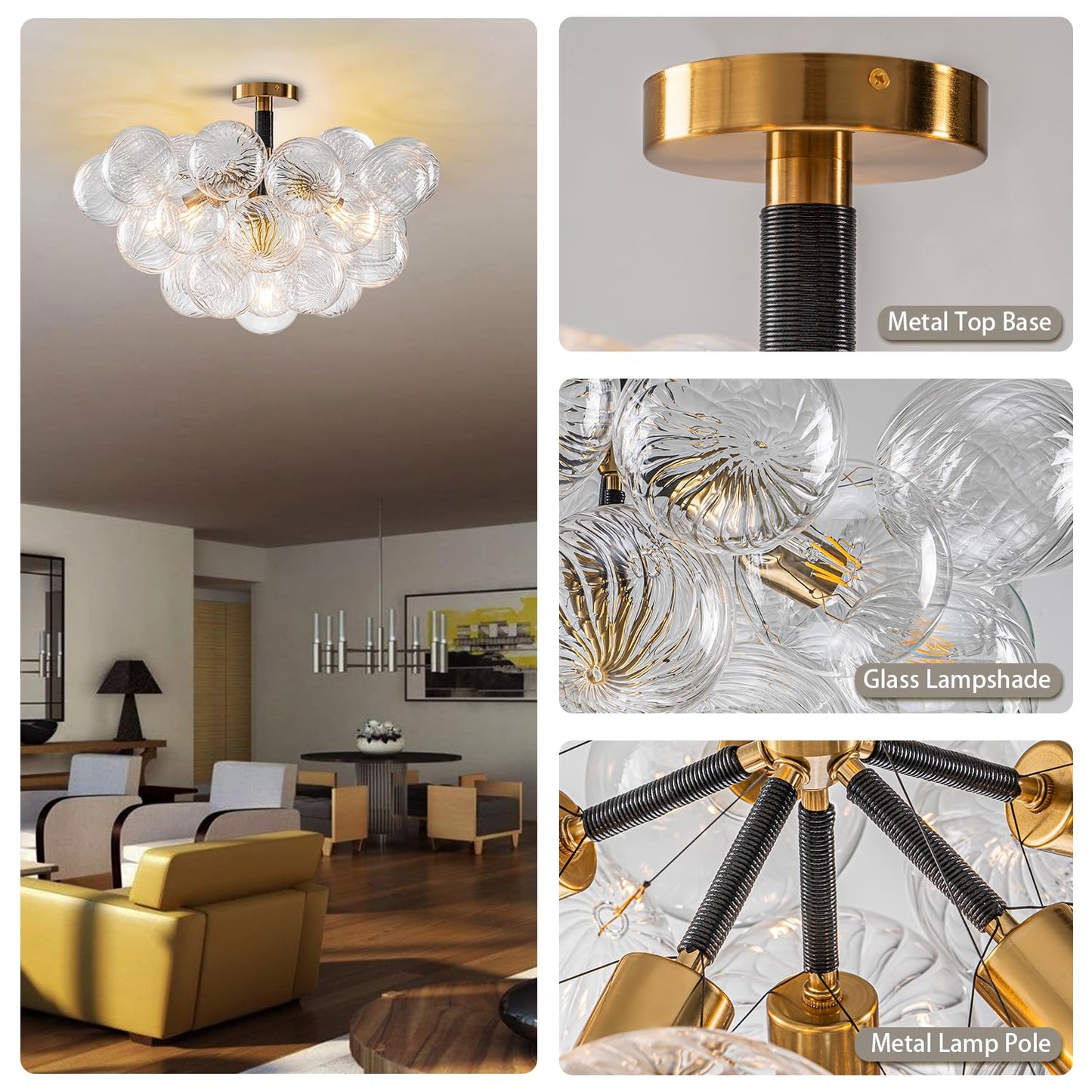 YIHANTLZ Bubble Ball Chandelier, 24in Modern Hand Blown Glass Ceiling Light, Black, Model LR1595BG-6TOU