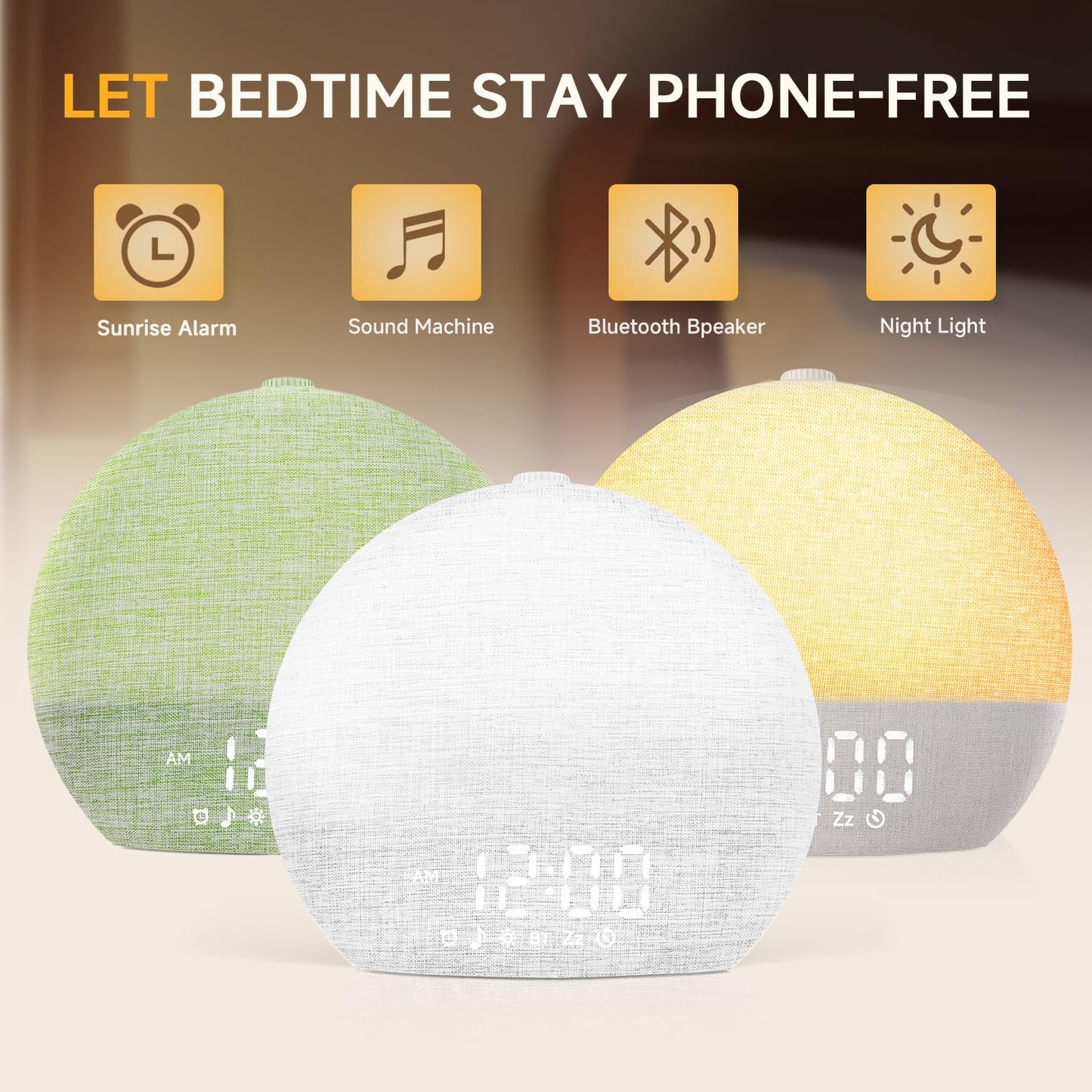 Geuuap Sunrise Alarm Clock White Noise Sound Machine for Bedroom | Natural Wake-Up Light with 30 Soothing Sleep Aids, Bluetooth Speaker, Dimmable Clock, Screen-Free Design for Baby Adults Kids-White