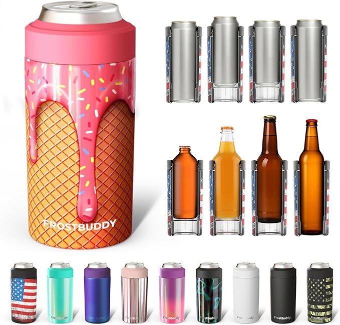 Frost Buddy Universal Buddy Can Cooler - Fits All - For Regular 12 & 16 oz or Slim-Size Bottles - Insulated Double-Walled Stainless Steel (Ice Cream)