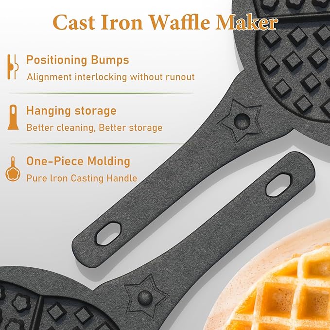 Cast Iron Waffle Maker with Low Base, Retro Waffle Iron with Five Waffles Shapes, Pre-Seasoned Two Piece Hinged Non-Drip Double Rim for Stove Top or Grill Makes (Waffle Irons-1)