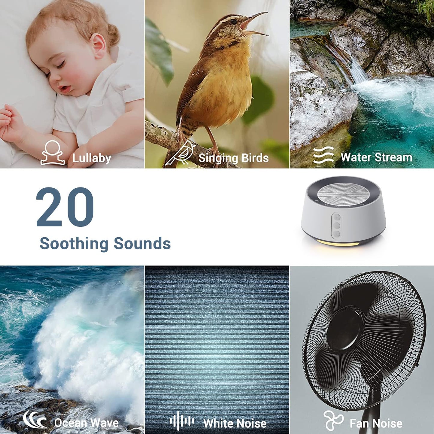 BGOVERSS White Noise Sound Machine with 20 Soothing Sounds, 10 Colors Night Light Sleep Machines Home Office Travel, 5 Timers and Memory Feature Sound Machine for Nursery Baby Kids Adults (Grey)