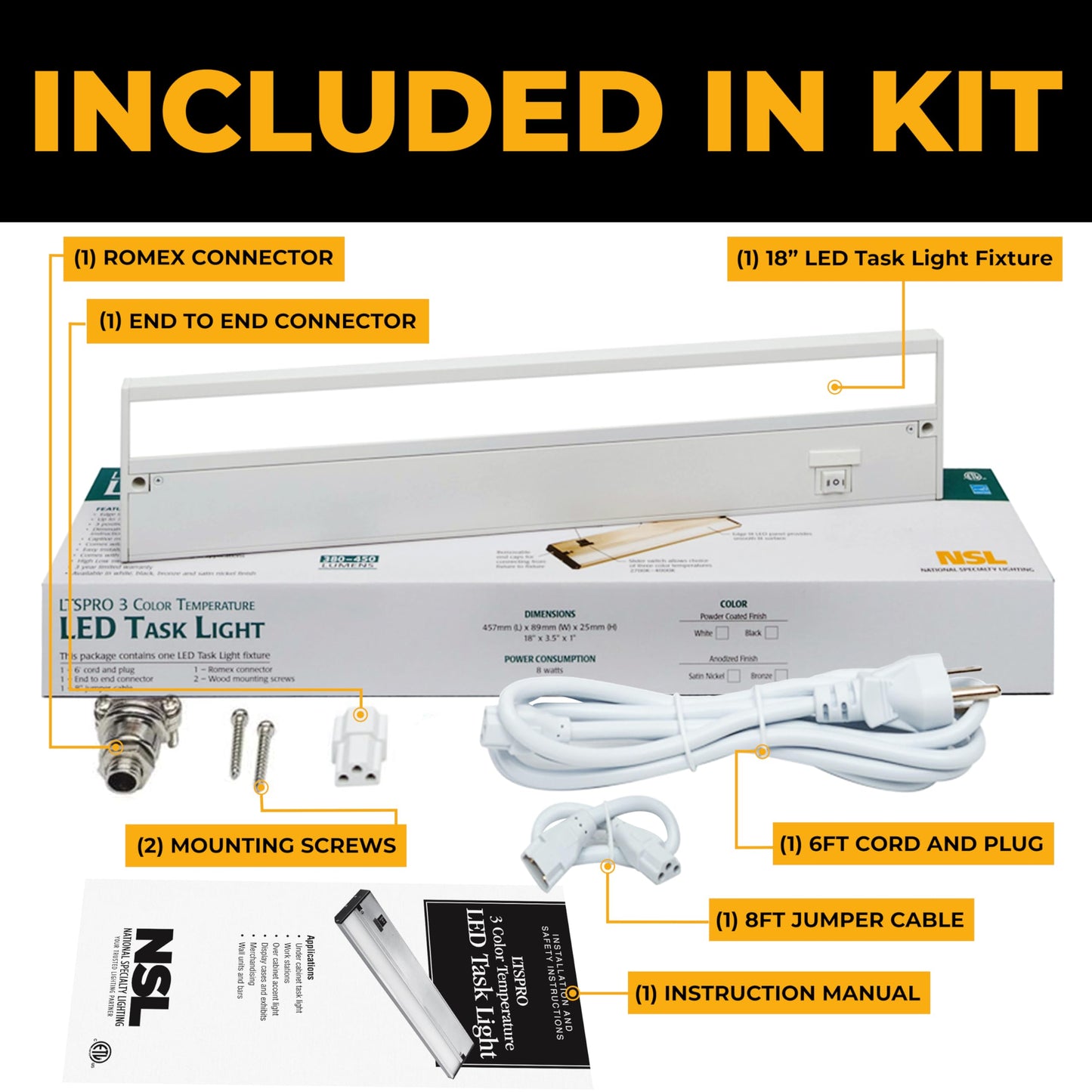 NSL LED Under Cabinet Lighting Dimmable, 18 Inch, White Finish, 3 Color Temperatures (Warm White, Soft White, Cool White)