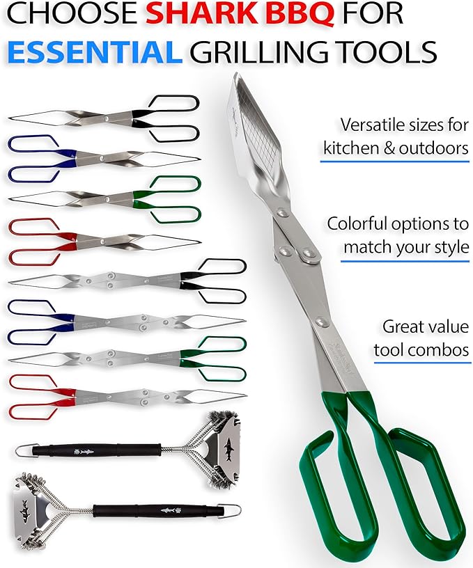 Shark BBQ Grill Tongs for Steaks - 2-Pack 17" & 13" Professional Kitchen and Outdoor Grilling Utensil Set (Green)