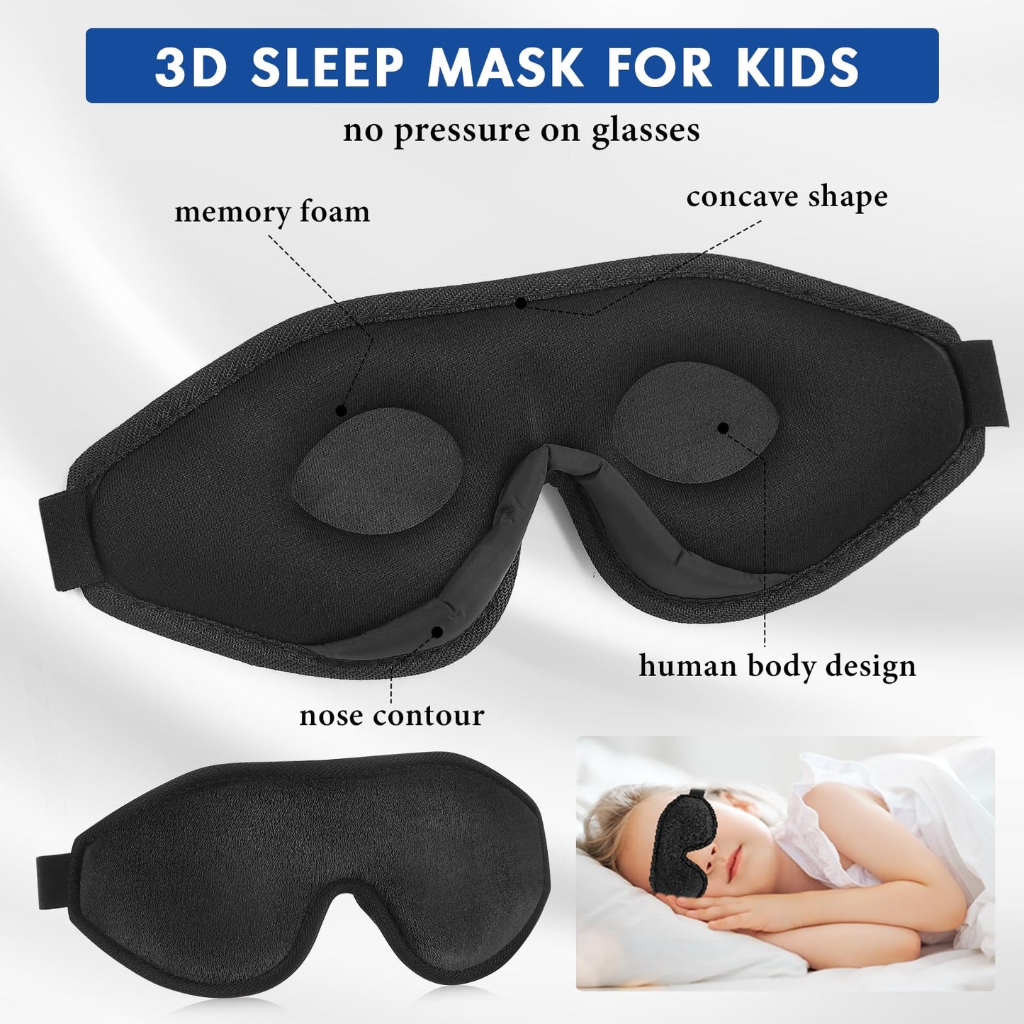 Coume Sleep Mask for Kids 3D Sleeping Blindfold Memory Foam Contoured Eye Mask with Blocking Light with Adjustable Strap(Black)