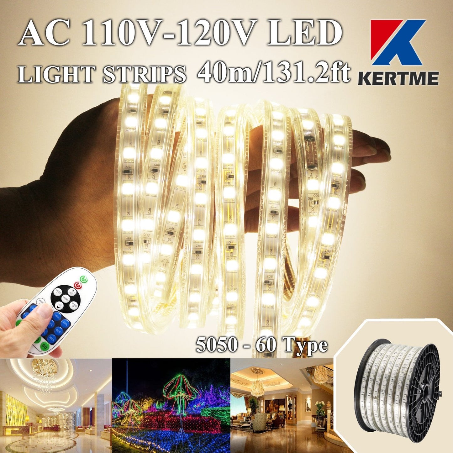 Kertme 5050-60 Led Strip Lights, 40M Waterproof Dimmable Rope Light, Natural White 4000K, Includes 23 Keys Remote