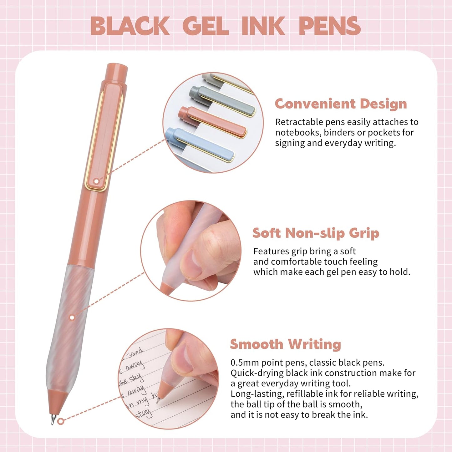 Gel Pens 0.5mm Point Pen Black Ink Smooth Writing Retractable Pen for Office,School Supplies,12-Count (Gold clip)