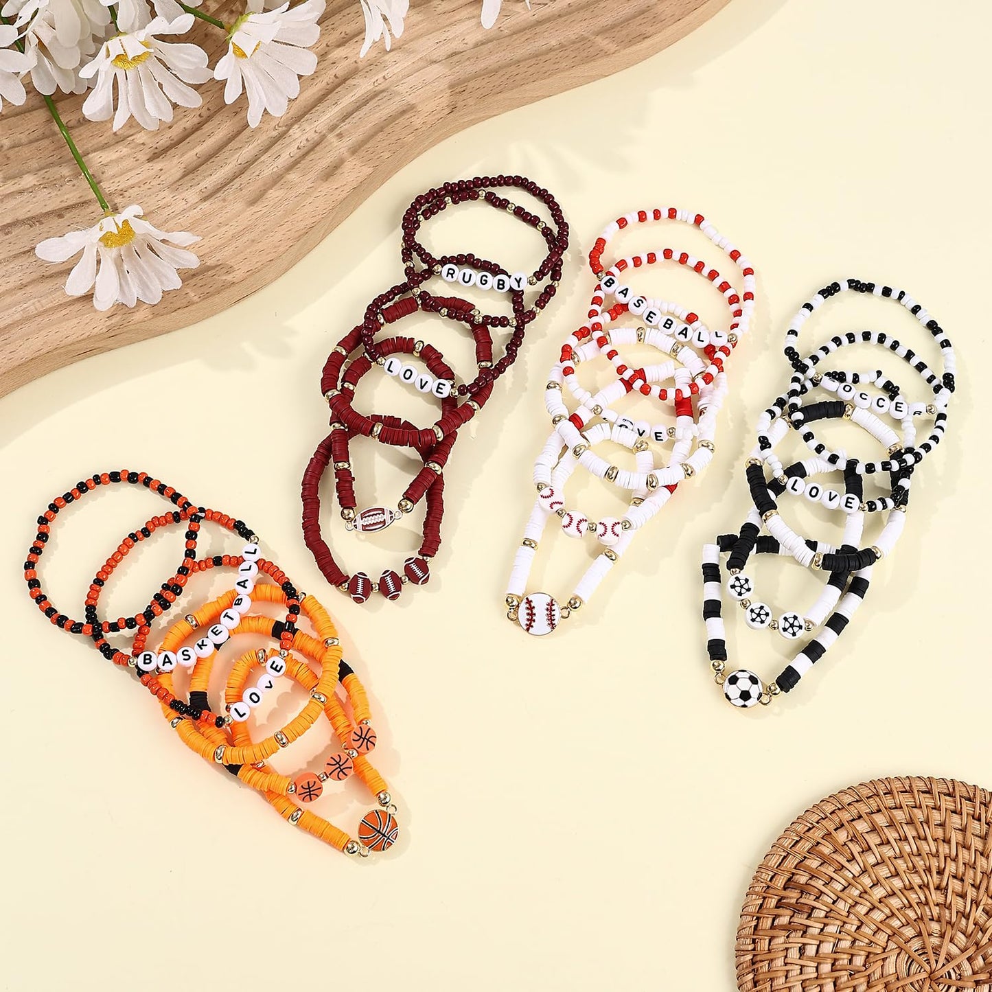 Taouzi Sports Party Favors Bracelets Soccer Football Baseball Basketball Beaded Bracelets for Women Inspirational Sports Theme B