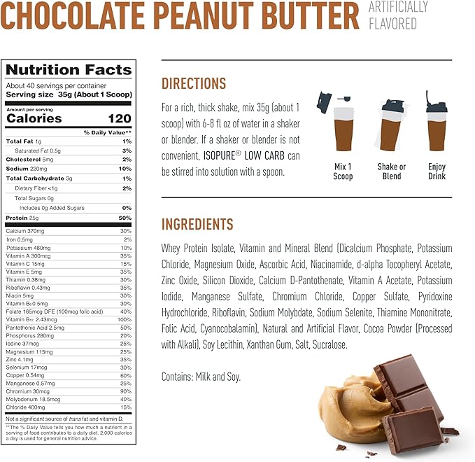 Isopure Low Carb 100% Pure Whey Isolate Protein Powder, Lactose Free, Gluten Free, With Vitamins, Chocolate Peanut Butter, 25g Protein Per Serving, 3 Lbs, 40 Servings