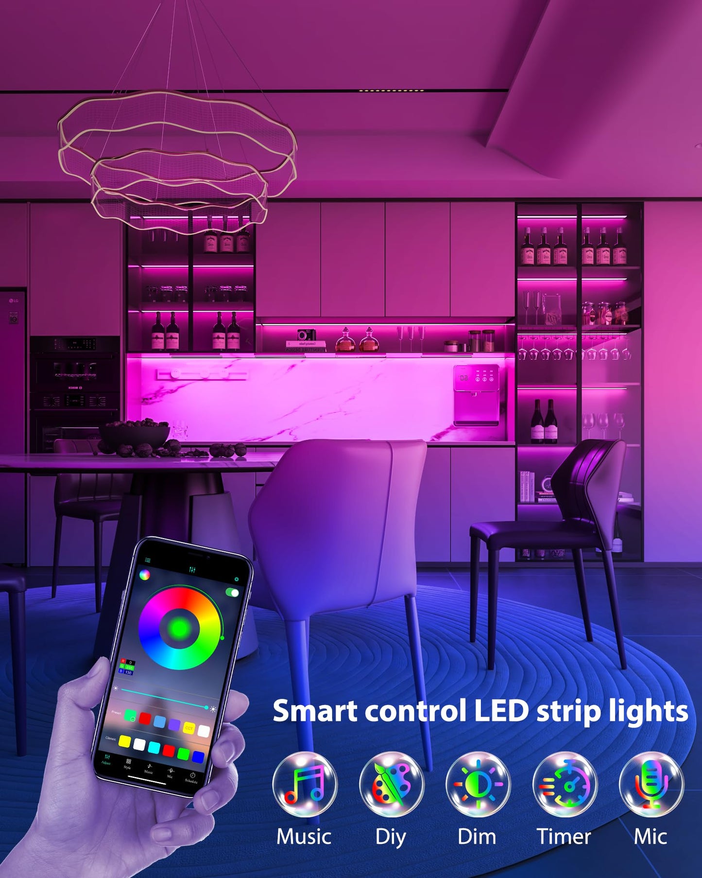 ASOKO RGB Under Cabinet Light, 200 Lumens, 3 Pack, 12 Inch, Linkable, Music Sync, Remote Control, Multicolor