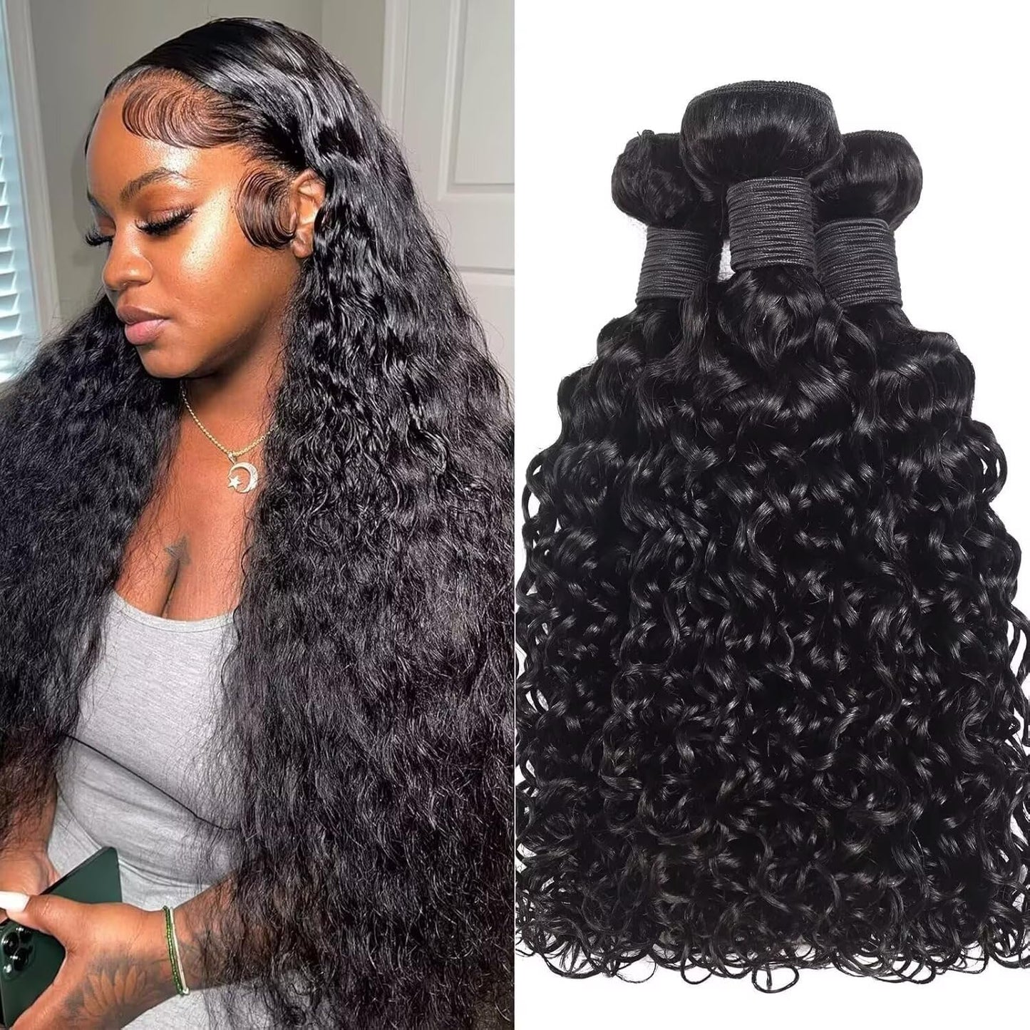 Water Wave Human Hair Bundles 12A Double Weft Deep Curly Wave Bundles 100% Unprocessed Brazilian Virgin Human Hair Natural Black