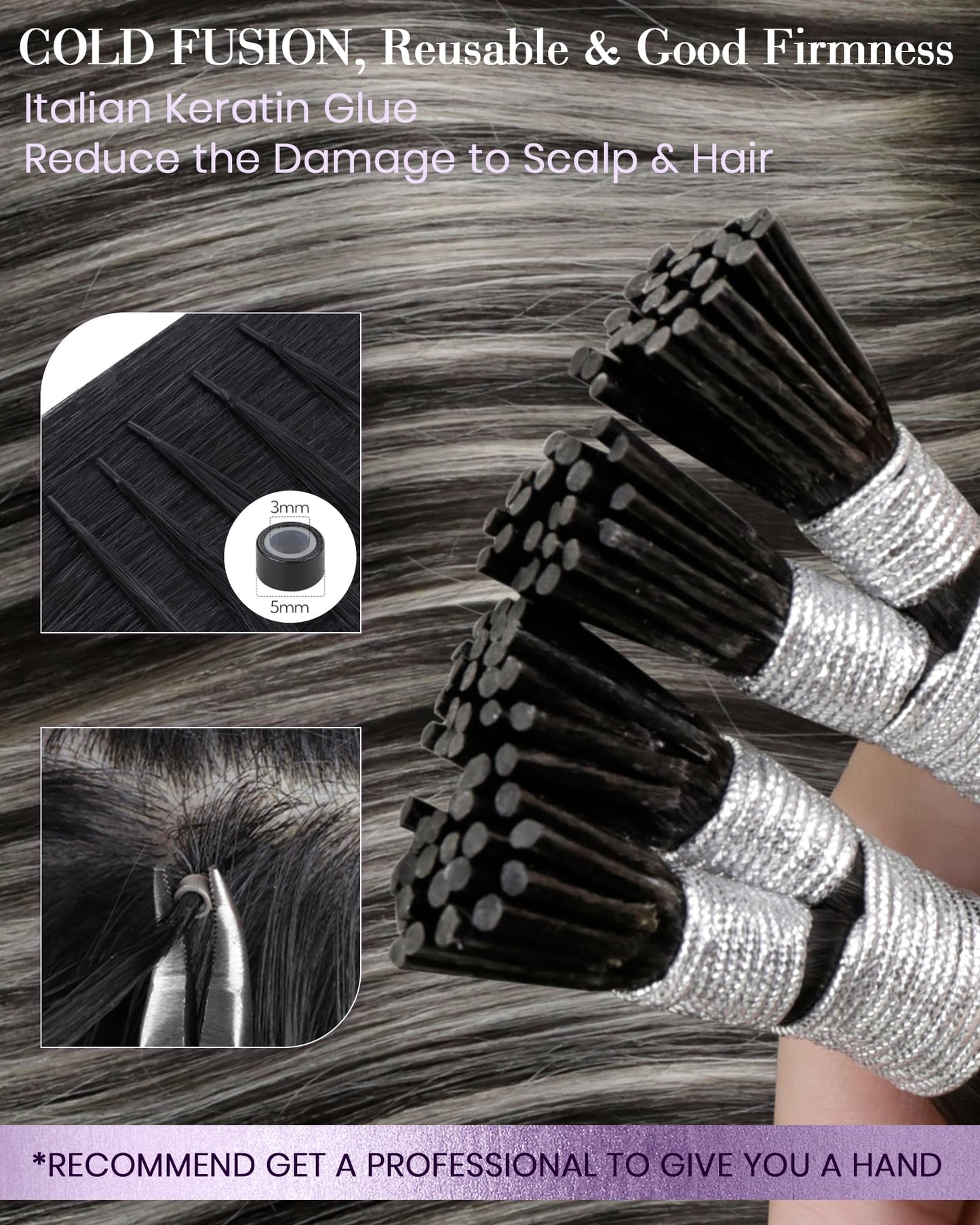 LaaVoo I Tip Hair Extensions Human Hair Balayage Black Mix Silver Grey Itip Human Hair Extensions Black I Tips Hair Extensions R