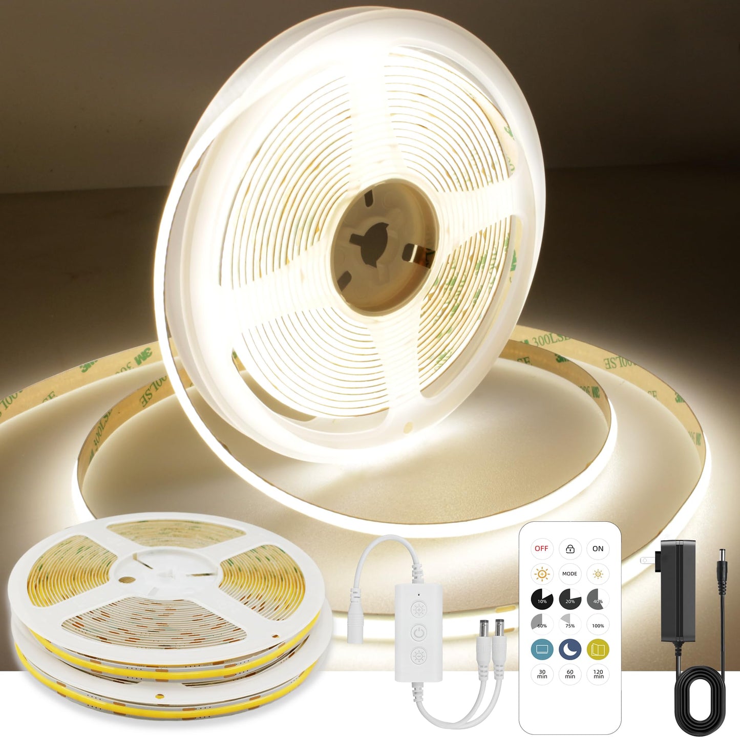 AXMOTUT COB LED Strip Light 32.8ft, 320 LEDs, 4000K Natural White, Dimmable, RF Remote, UL Power Supply, 2 Rolls of